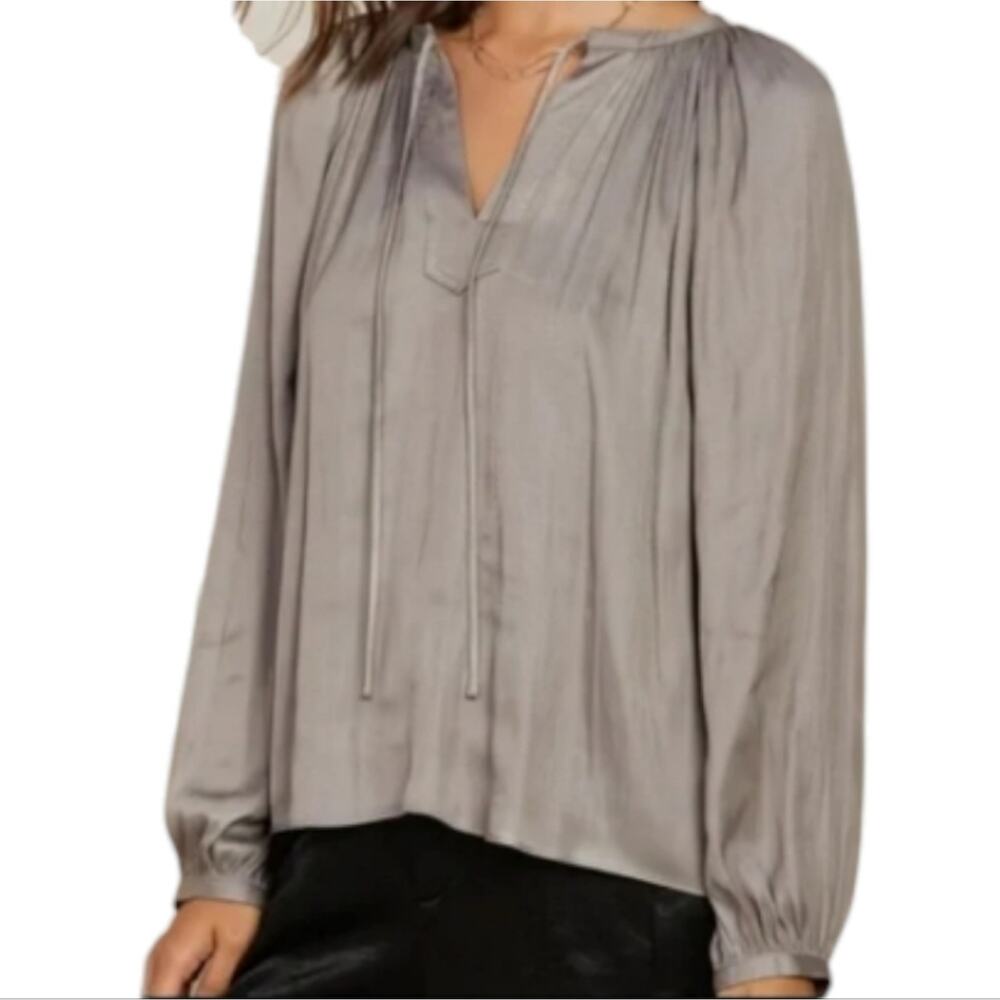Antonio Melani Balloon‎ Sleeve Gray Peasant Tie Neck Blouse Size Small New